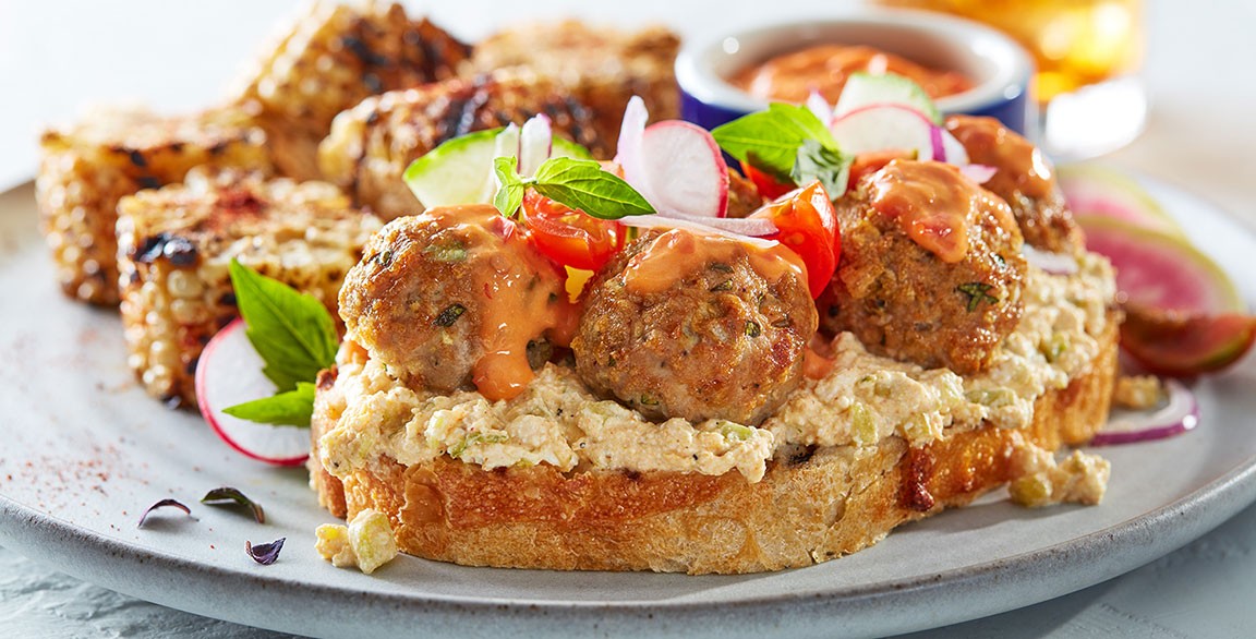 Open-faced Roasted Turkey Meatball Sandwich on Grilled Sourdough