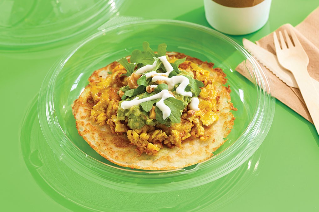 Chef/owner Paul Sletten of Abreo in Rockford, Ill., created a Fermented Grilled Dosa as a power breakfast dish, with turmeric-scented soft-scrambled eggs, walnuts and arugula.