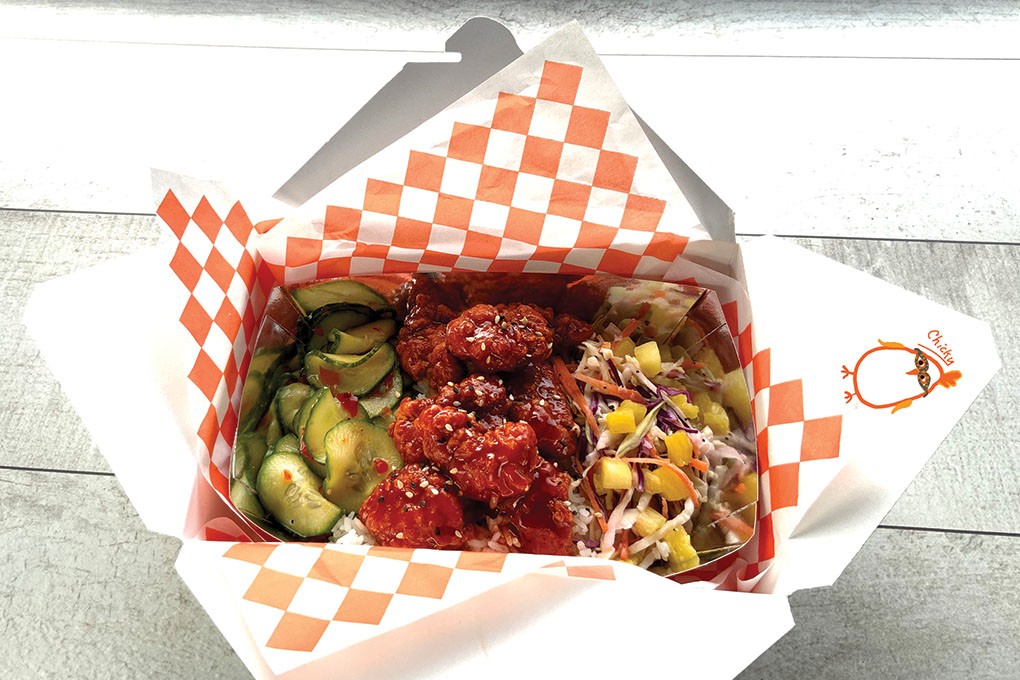 The Sticky Chicken Bowl, a play on the classic orange chicken, will star on the menu of Chicky, chef Kathy Casey’s new virtual kitchen concept. It’s paired with sesame cucumbers and a pineapple slaw.