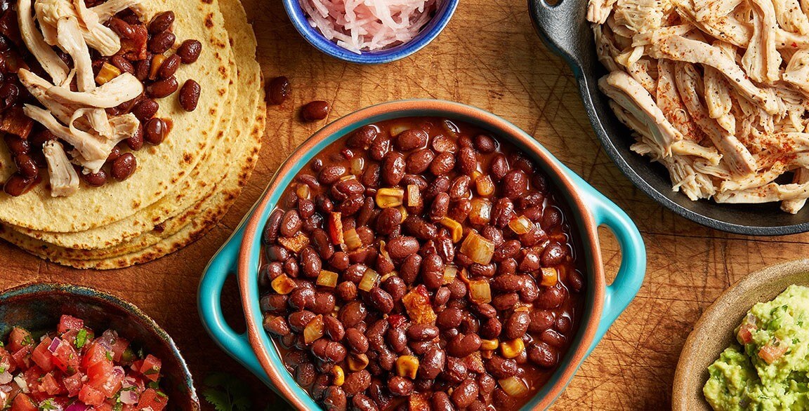 Mole-Style Beans with Shredded Chicken Tacos