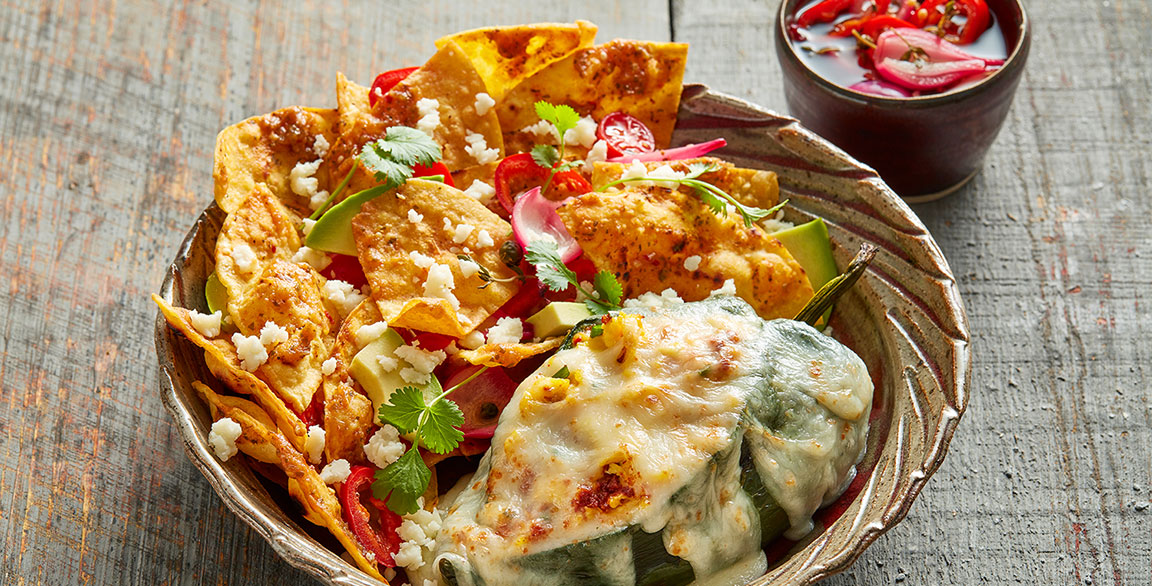 California-Style Chile Rellenos con Chilaquiles