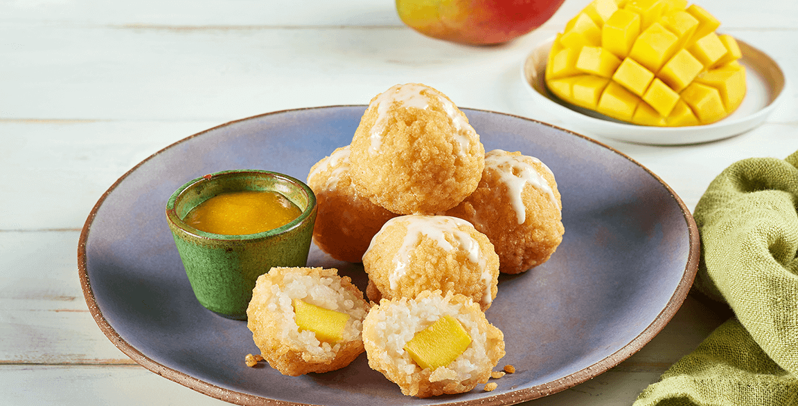 Fried Mango Sticky Coconut Rice with Mango Dipping Sauce