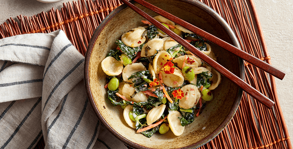 Miso Orecchiette with Garlicky Asian Vegetables and Furikake