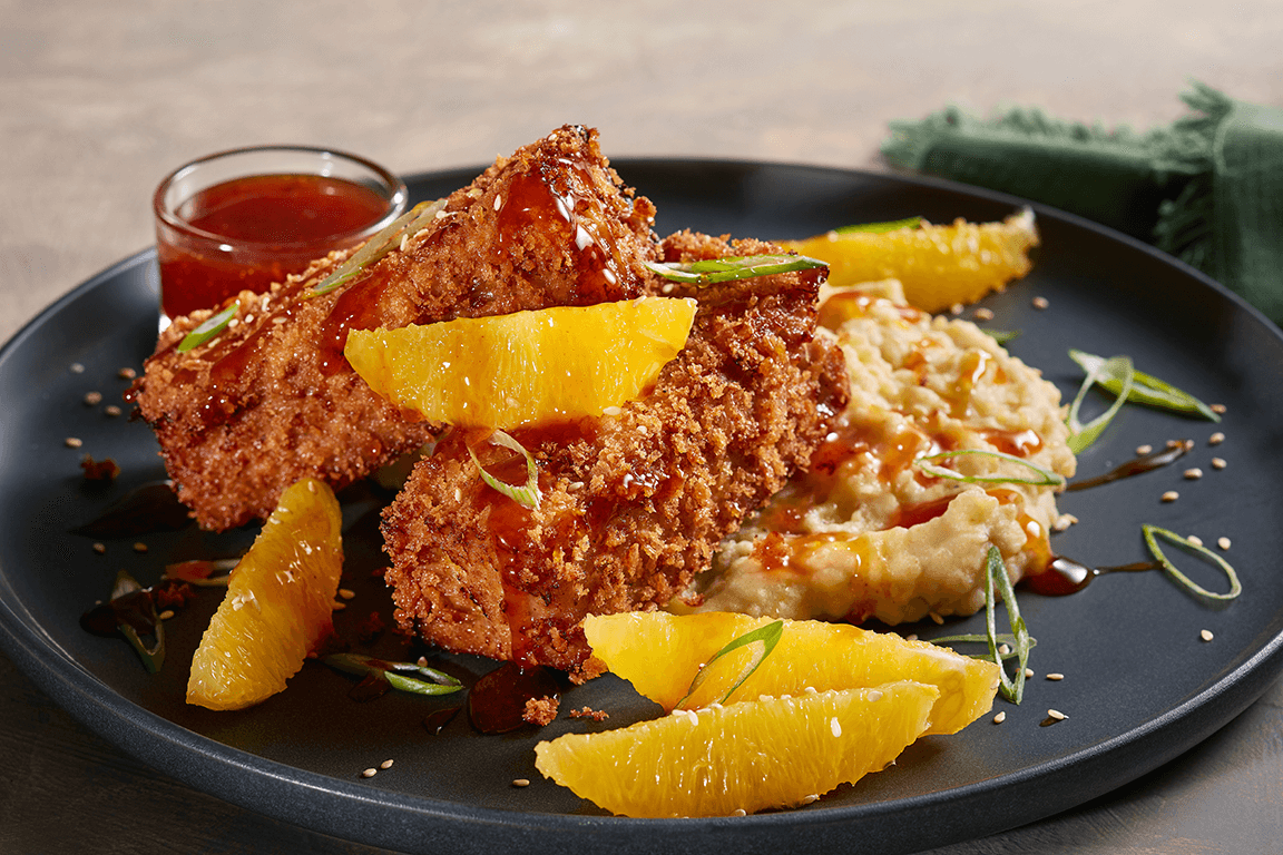 Crispy Lee Kum Kee® Orange Chicken Meatloaf with Roasted Sesame Mashed Potatoes