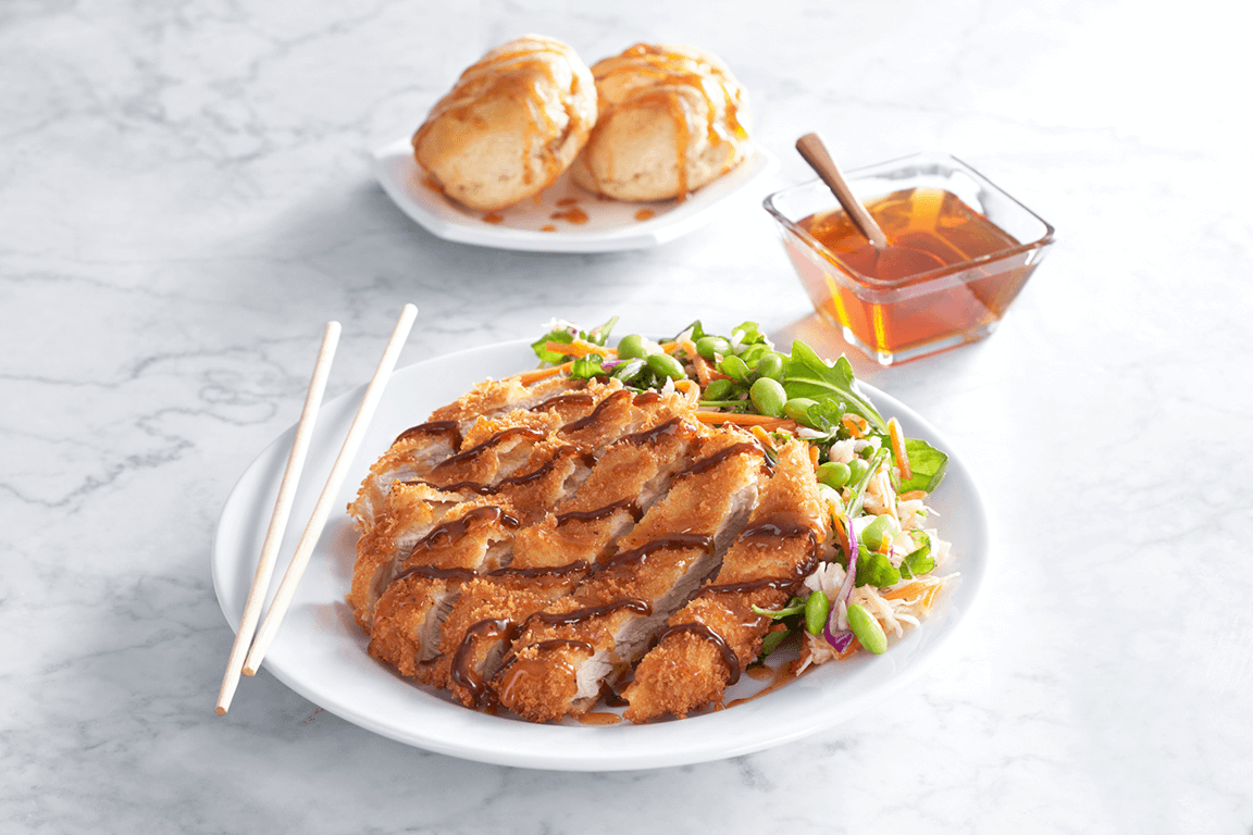 Whipped Morita Chile-Infused Honey-Glazed Tonkatsu with Honey Butter Biscuits