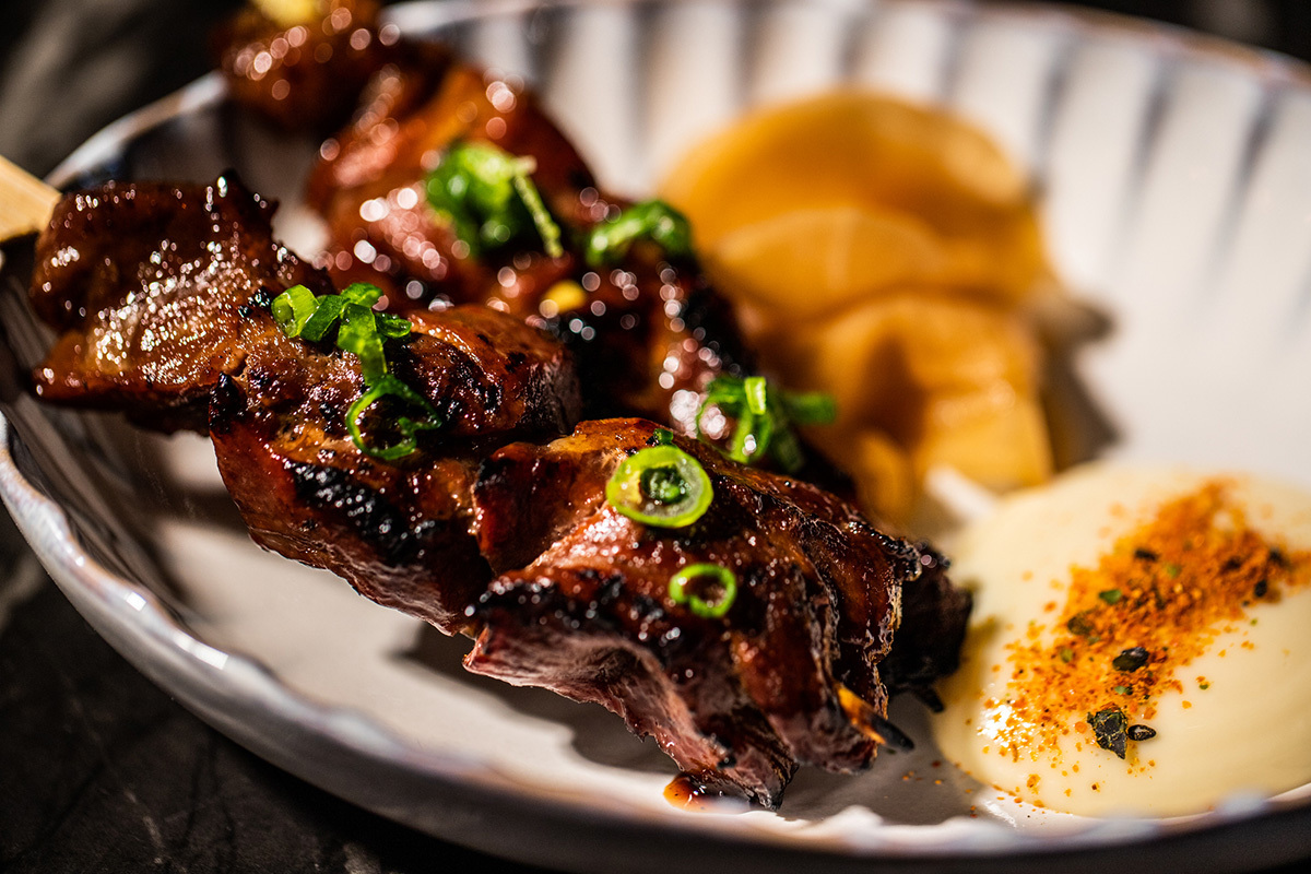 Pork Skewer with Tare, Pickled Daikon and Yuzu Aioli