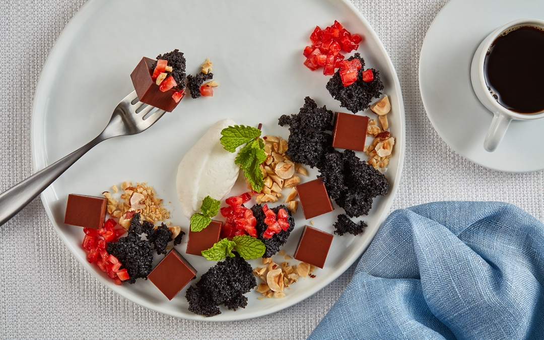 Ghirardelli® Chocolate Gel with Devil’s Food Cake, Toasted Hazelnut, Strawberry & Coconut Sorbet Recipe courtesy of Matt Voskuil  | Sponsor: Ghirardelli®