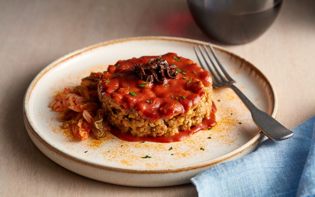Individual Meatloaf with Tangy Tomato Glaze, BBQ Demi, and Kimchi Recipe courtesy of Michael Slavin | Sponsor: Tyson Foodservice