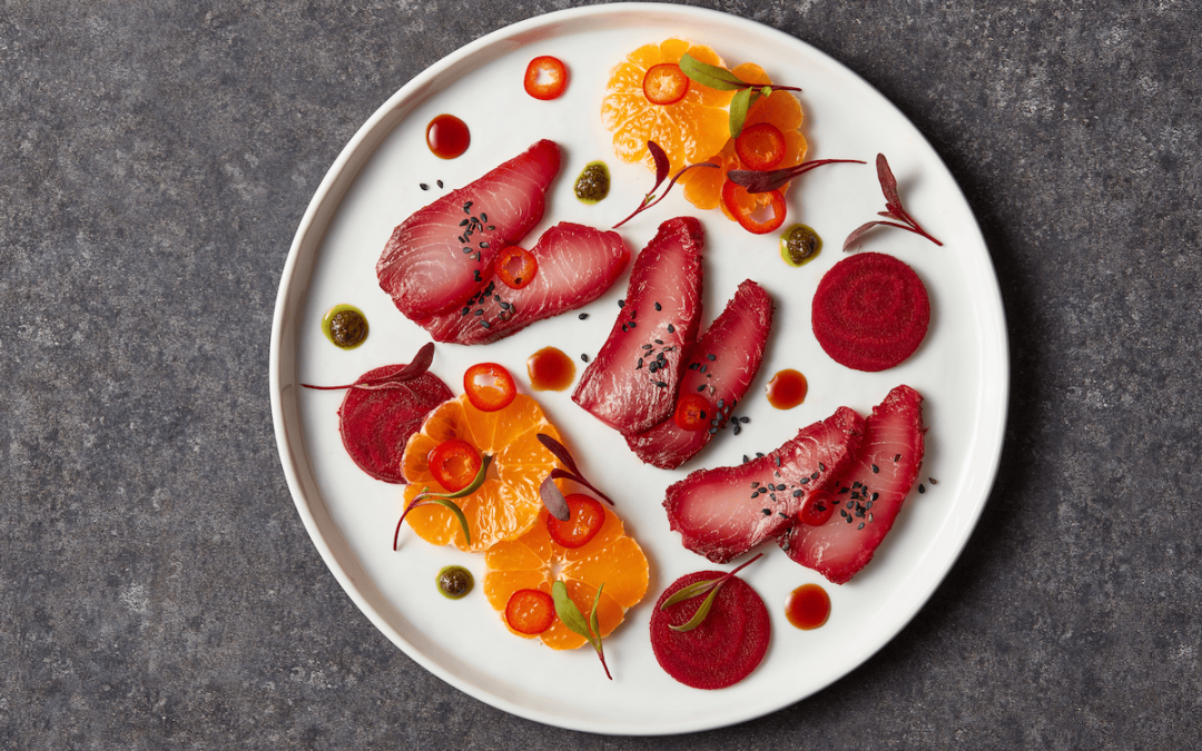 Kikkoman® Soy Sauce & Beet-Marinated Kanpachi Crudo Recipe courtesy of Chris Aquilino | Sponsor: Kikkoman