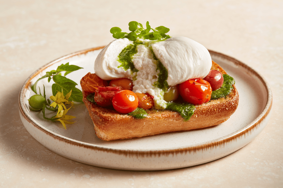 7. Tomato Leaf Pesto, California Burrata and Roasted Tomato Toast.