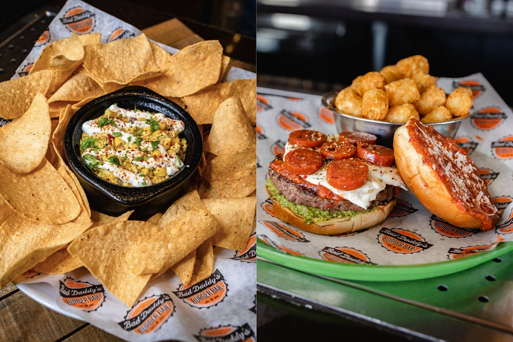 Through limited-time offers, Bad Daddy’s can introduce less common flavor systems, as with the Elote Street Corn Dip (left), and unusual mash-ups, like the Pizza Burger (right).