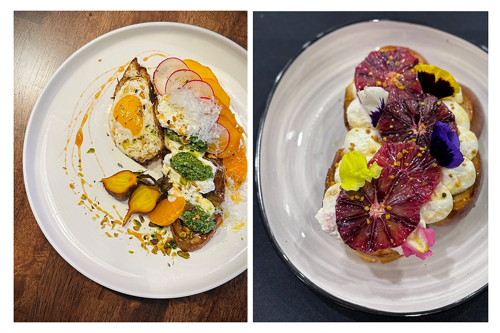 Clockwise from left: Nathaniel Malone’s Ricotta Toast; Kris Solt’s Steak Sandwich; Carron Harris’ Lamb Pastrami, French Marin and Sriracha Mayo Breakfast Sando