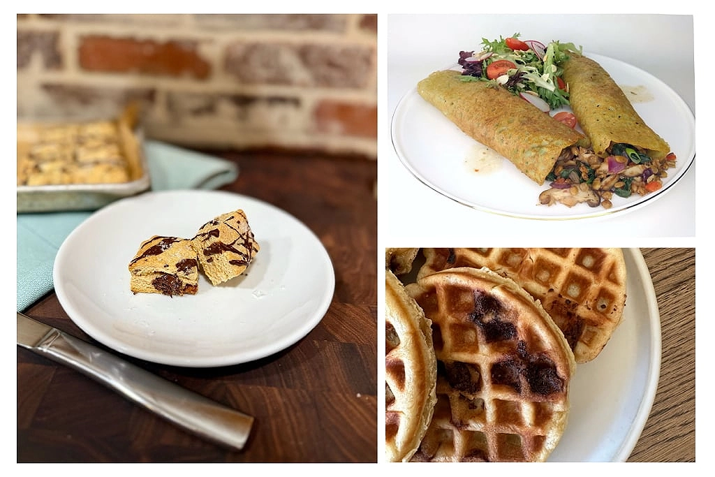 Clockwise from left: Dawn McClung’s Triple Chocolate Biscuits, Rajiv Jaggi’s Lentil Crêpes, Afrand Nikoukar’s Cookie Dough Liege Waffles