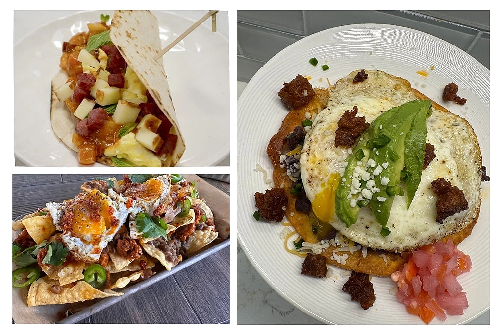 Clockwise from top left: Jesus Garcia’s Tikka Masala Breakfast Tacos, Josh Graber’s Chorizo & Black Bean Breakfast Tostada, Luis Haro’s Breakfast Nachos