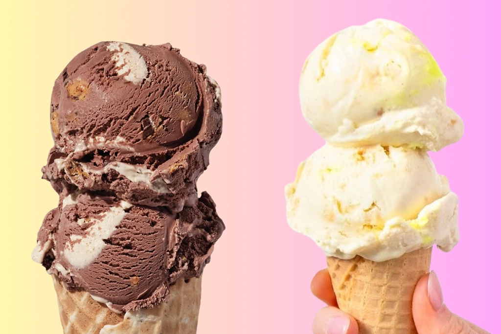 Inventive combinations like Salt & Straw’s Chocolate Chili Crisp Peanut Butter Cup (left) and Jeni’s yuzu-studded Citrus Glazed Pound Cake (right) showcase global flavors.