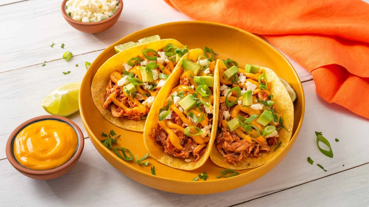 Muy Fresco® Premium Jalapeño Cheese Sauce serves as an accompanying cheese dip to these Chicken Tinga Tacos.