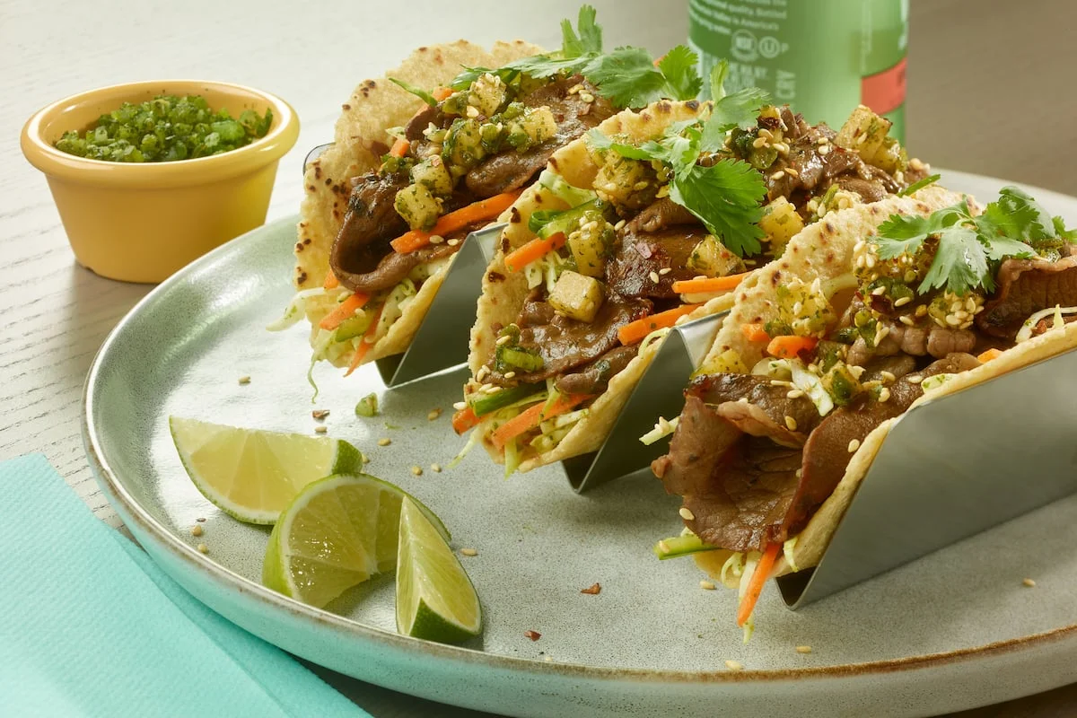 Lamb Bulgogi Tacos with Soy Pickled Pear Salsa