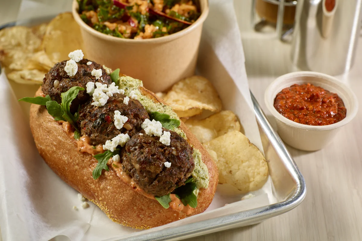 Moroccan Meatball Sandwich With Creamy Harissa & Zesty Yogurt Sauce