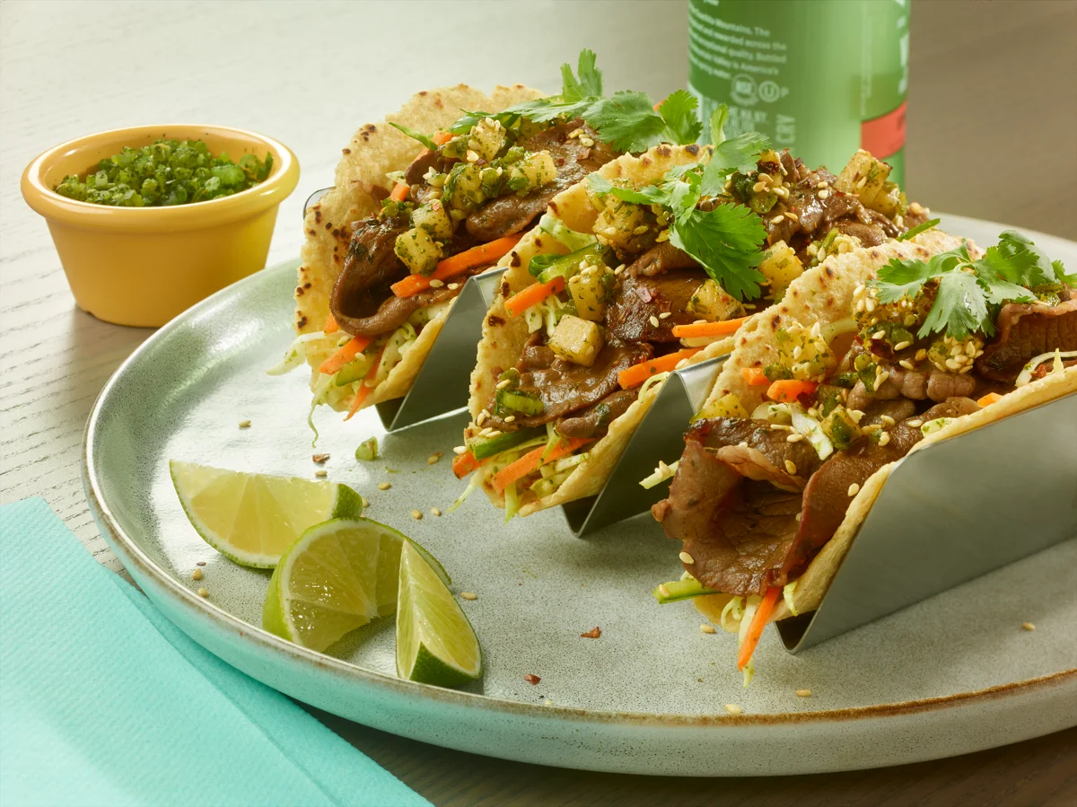 Lamb Bulgogi Tacos with Soy Pickled Pear Salsa