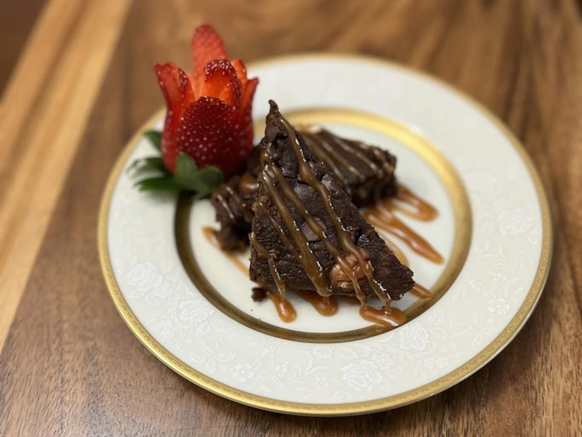 Pecan Lentil Brownies with Teriyaki Caramel Sauce